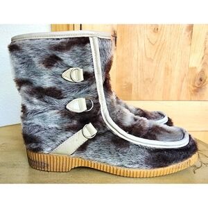 Vintage Dunhams Sz 9 Gray Brown Faux Fur Snow Boots Made in Canada Scandinavian